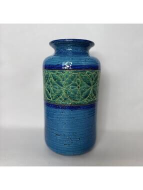MCM Vintage Italian Bitossi Aldo Londi Geometric Blue Green Ceramic Vase 8"x3.5"